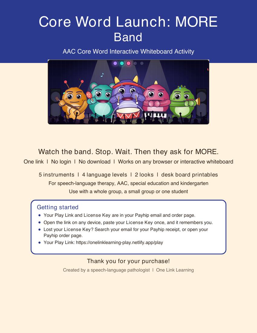 The cover page of the Core Word Launch: MORE Band PDF with a picture of the activity and a Getting started box.