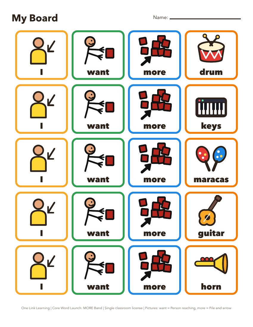 A My Board desk printable: five rows of I want more with a picture on each row.