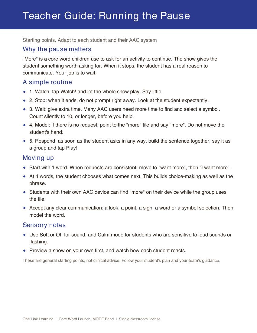 The Teacher Guide page on running the pause, with a simple routine and ways to move up.