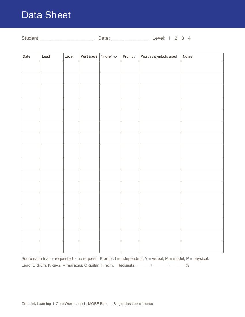 The Data Sheet page: a table to track each trial.