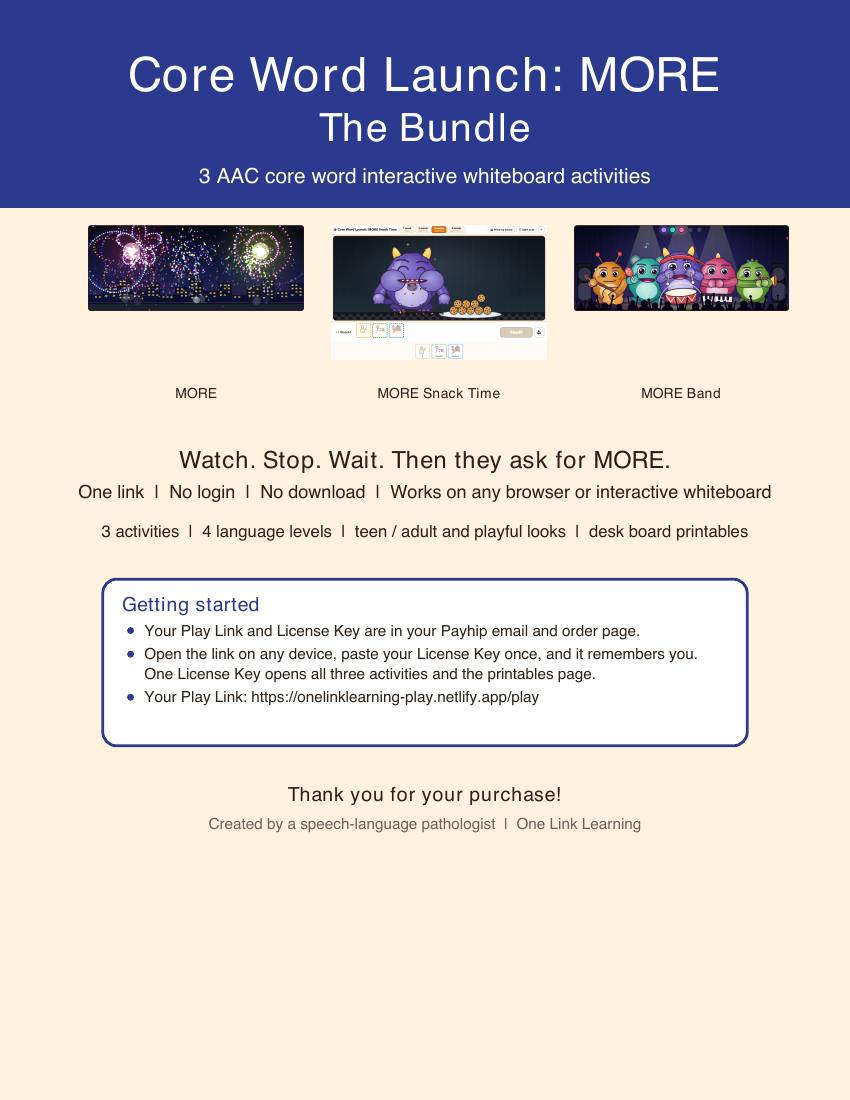 The cover page of the Core Word Launch: MORE Bundle Start Here PDF showing the three activities.