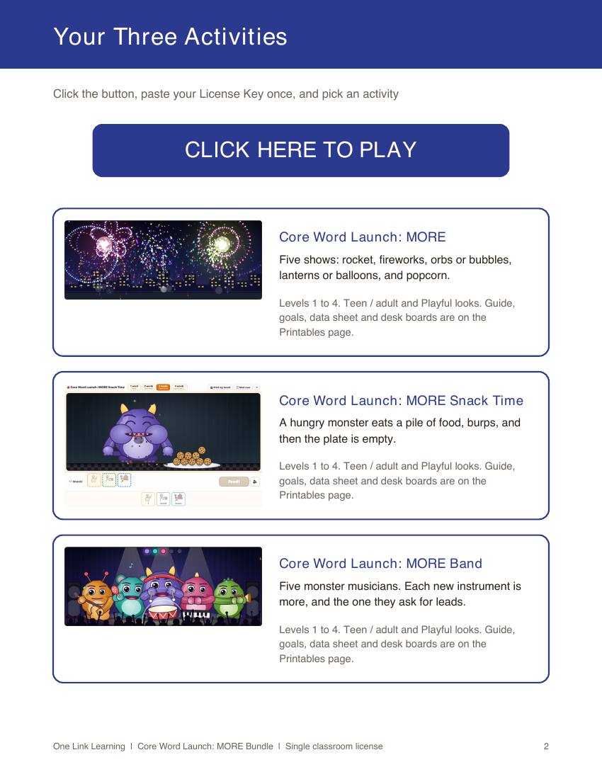 The Your Three Activities page: one button to play, and a short description of each activity.