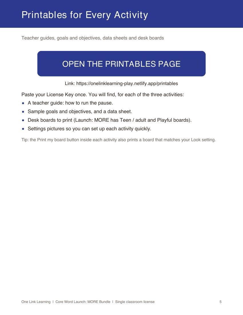 The Printables page: teacher guides, goals, data sheets, and desk boards for each activity.