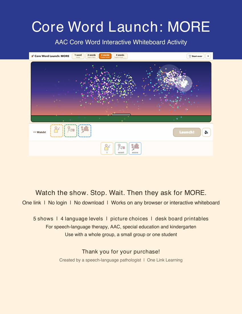 The cover page of the Core Word Launch: MORE PDF with a picture of the fireworks show.