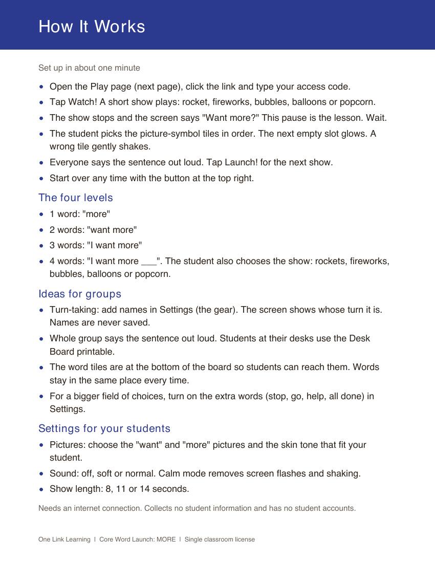 The How It Works page: the steps, the four language levels, ideas for groups, and settings.