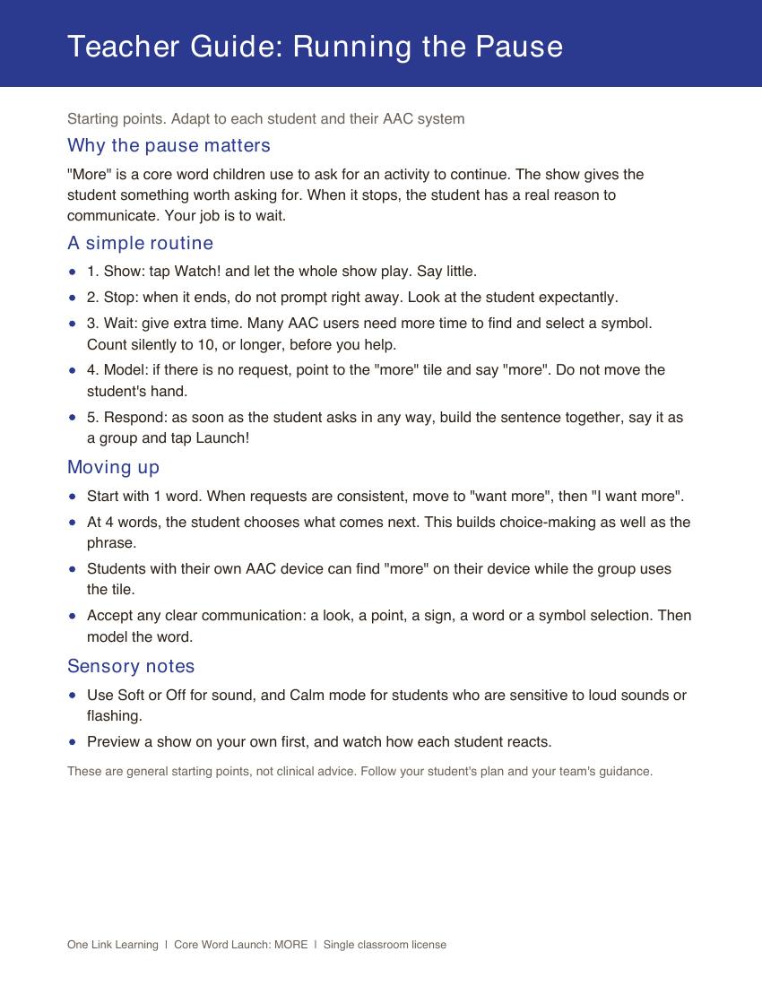 The Teacher Guide page on running the pause, with a simple routine and ways to move up.