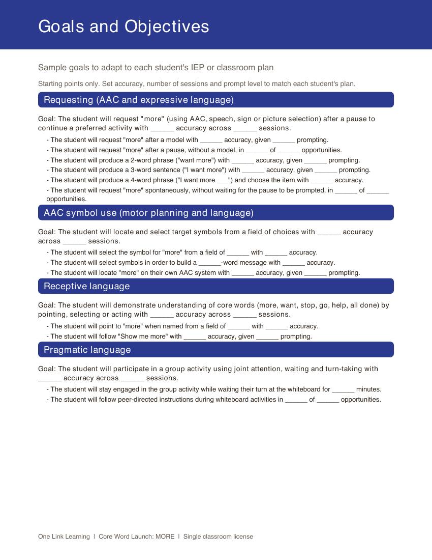 The Goals and Objectives page with sample goals for requesting, AAC symbol use, receptive language, and pragmatic language.