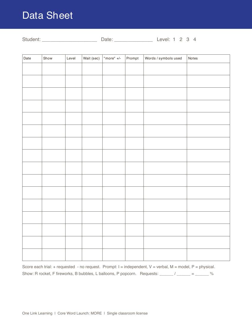 The Data Sheet page: a table to track each trial.