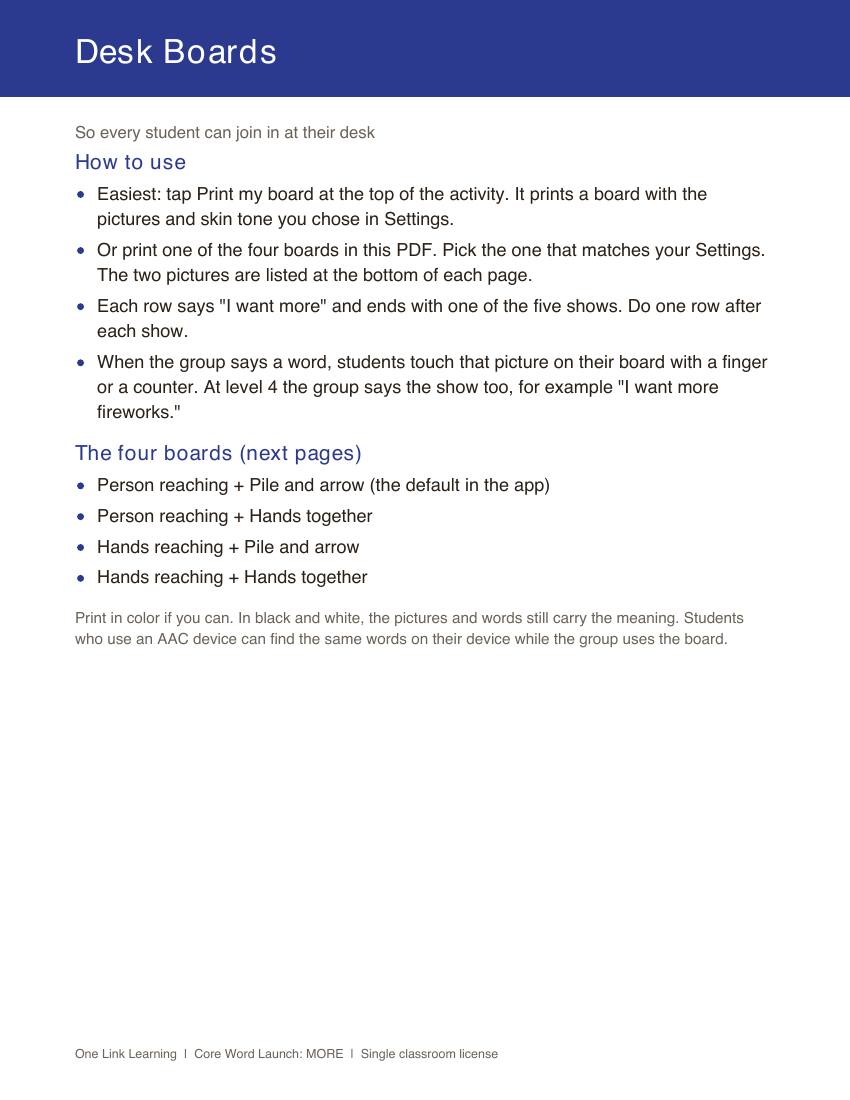 The Desk Boards page explaining how each student can follow along on a printed board.