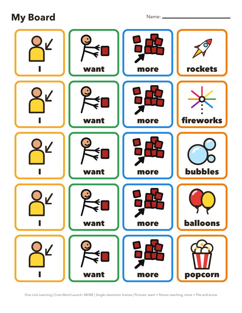 A My Board desk printable: five rows of I want more with a show picture on each row.