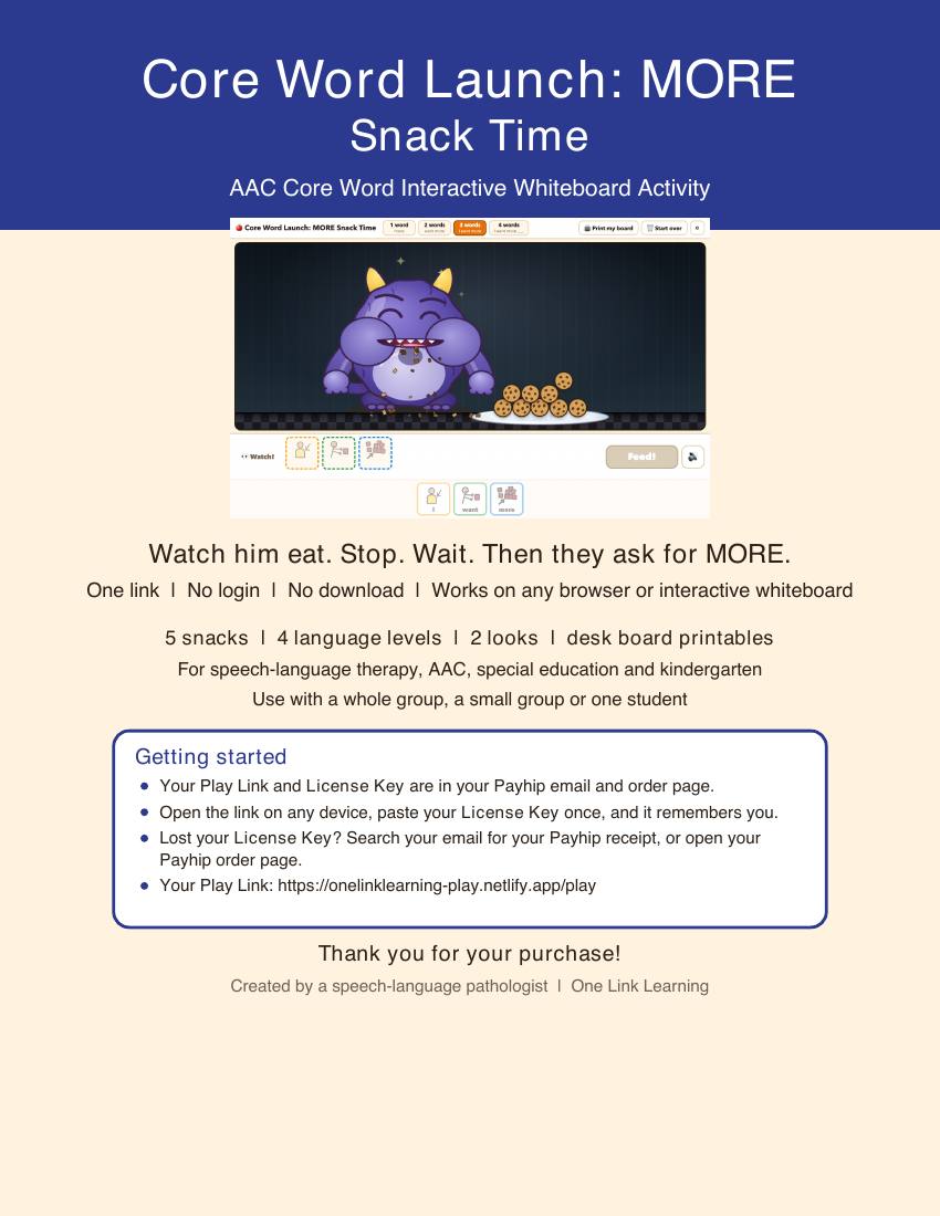 The cover page of the Core Word Launch: MORE Snack Time PDF with a picture of the activity and a Getting started box.