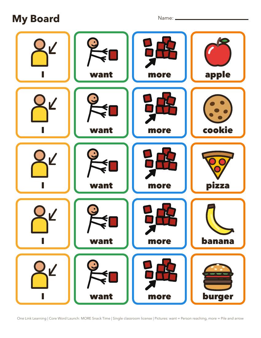A My Board desk printable: five rows of I want more with a picture on each row.
