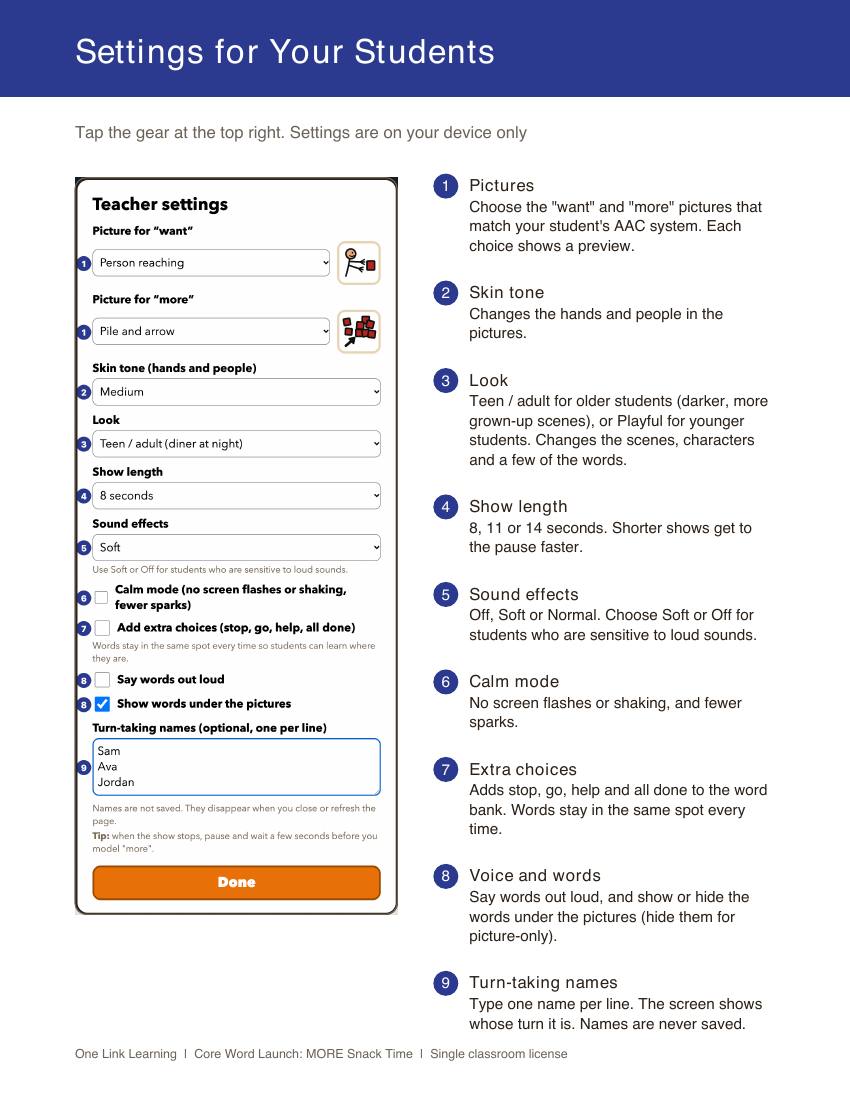 The Settings page: a picture of the Teacher settings screen with numbered notes.