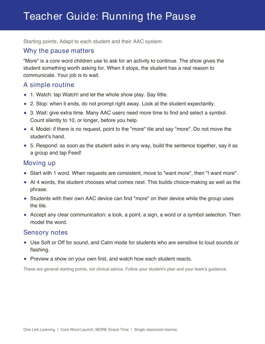 The Teacher Guide page on running the pause, with a simple routine and ways to move up.
