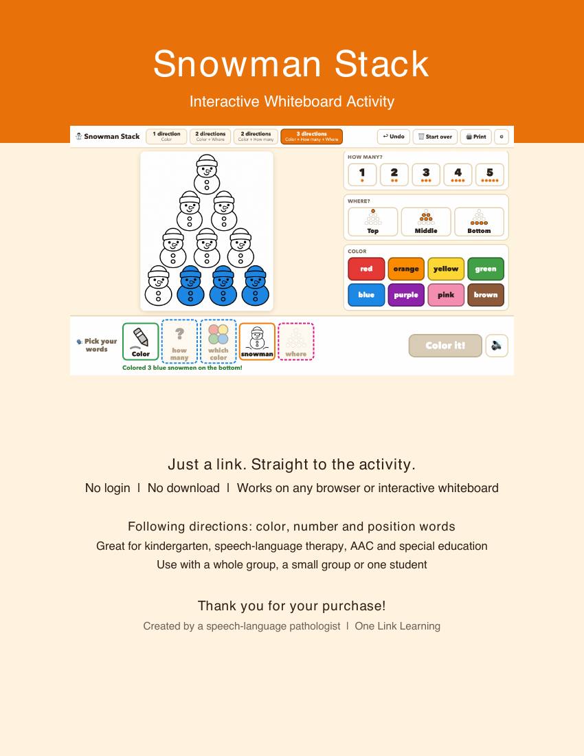 The cover page of the Snowman Stack PDF with a picture of the activity and the words Just a link. Straight to the activity.