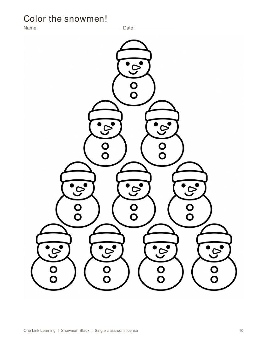 A blank printable coloring page of stacked snowmen with name and date lines.