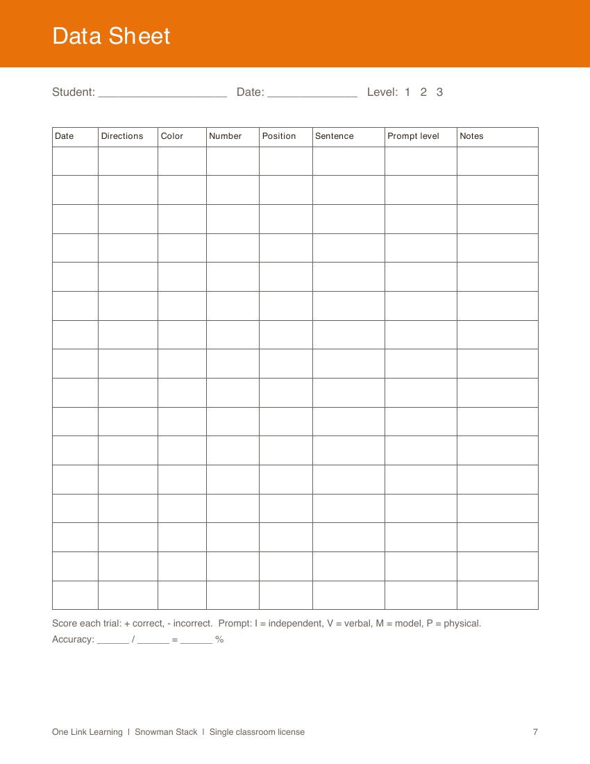 The Data Sheet page: a table with columns for date, directions, color, number, position, sentence, prompt level, and notes.