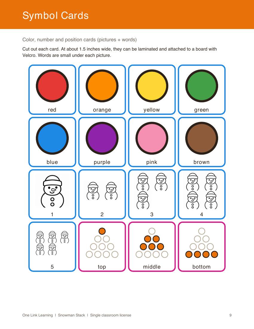 The Symbol Cards page: picture cards for colors, numbers, and position words.