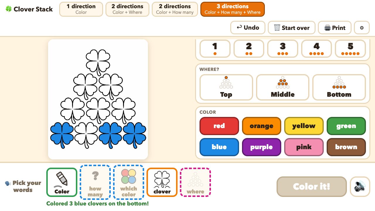 The Clover Stack activity: three blue clovers colored at the bottom, with the picture-symbol sentence strip below.