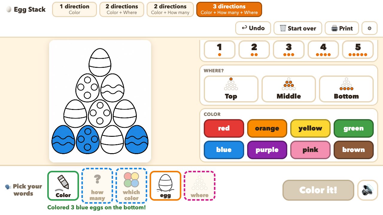 The Egg Stack activity: three blue eggs colored at the bottom, with the picture-symbol sentence strip below.