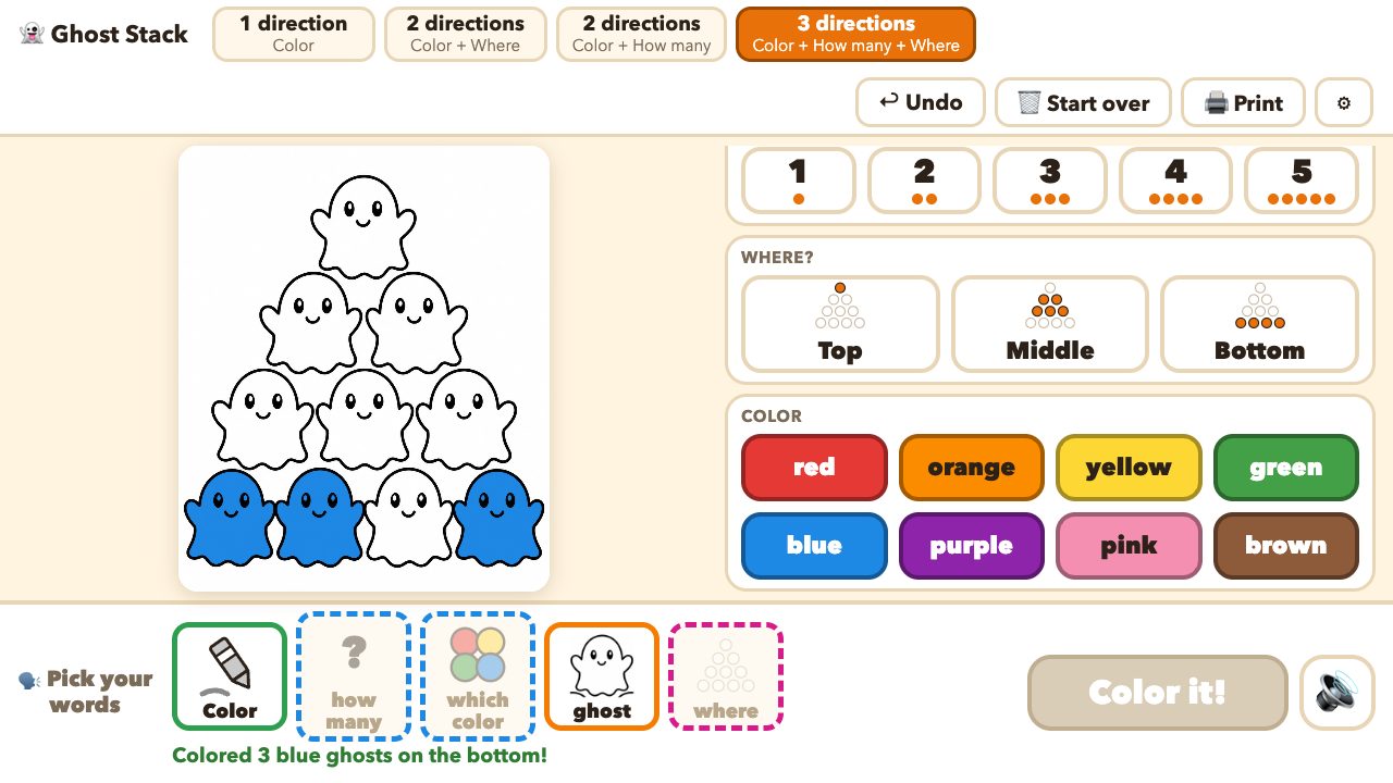 The Ghost Stack activity: three blue ghosts colored at the bottom, with the picture-symbol sentence strip below.