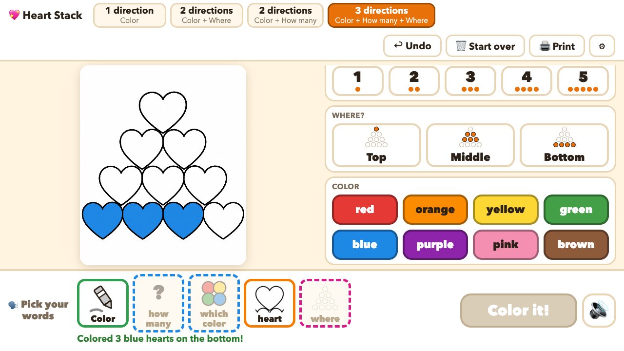 The Heart Stack activity: three blue hearts colored at the bottom, with the picture-symbol sentence strip below.