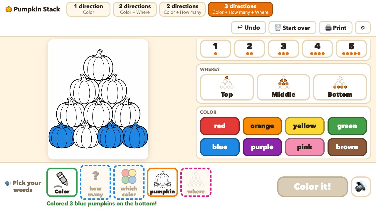 The Pumpkin Stack activity: three blue pumpkins colored at the bottom, with the picture-symbol sentence strip below.