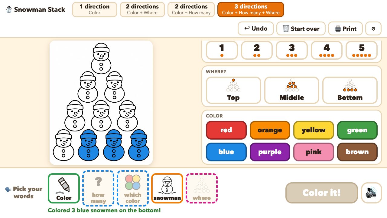 The Snowman Stack activity: three blue snowmen colored at the bottom, with the picture-symbol sentence strip below.
