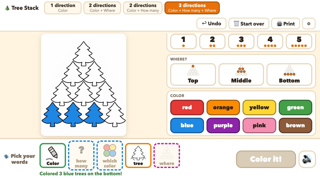 The Tree Stack activity: three blue trees colored at the bottom, with the picture-symbol sentence strip below.