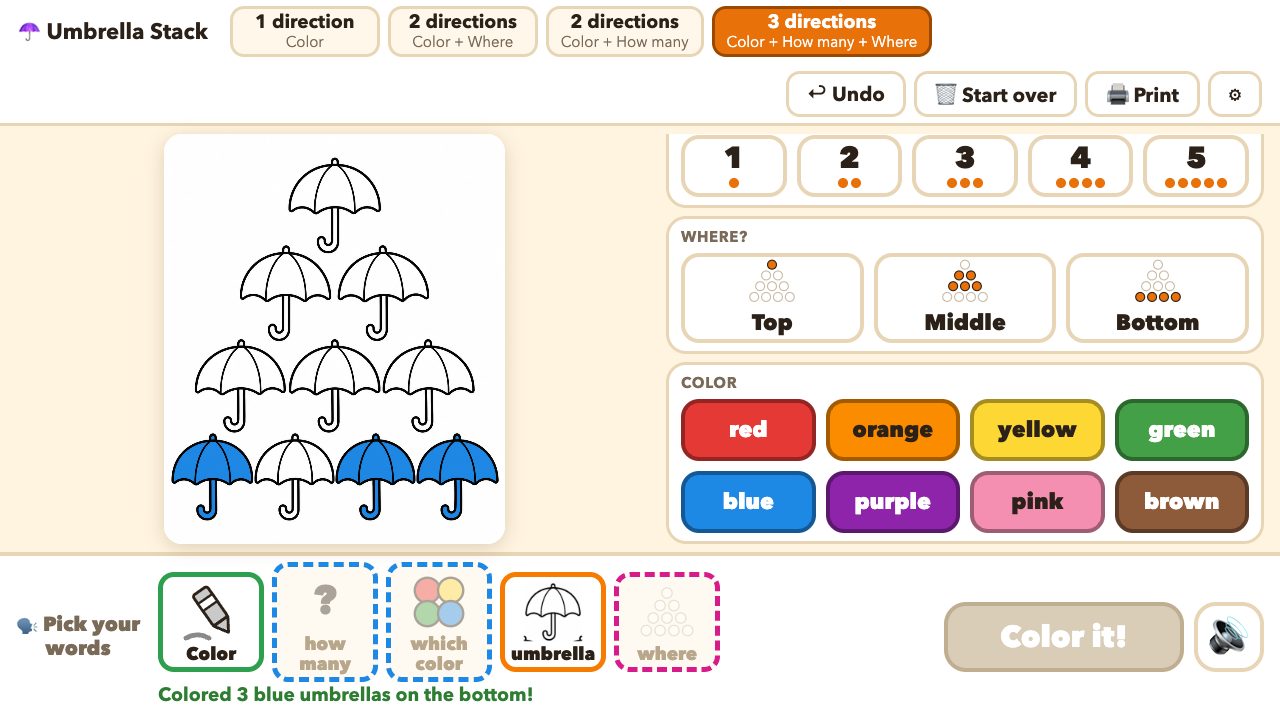 The Umbrella Stack activity: three blue umbrellas colored at the bottom, with the picture-symbol sentence strip below.